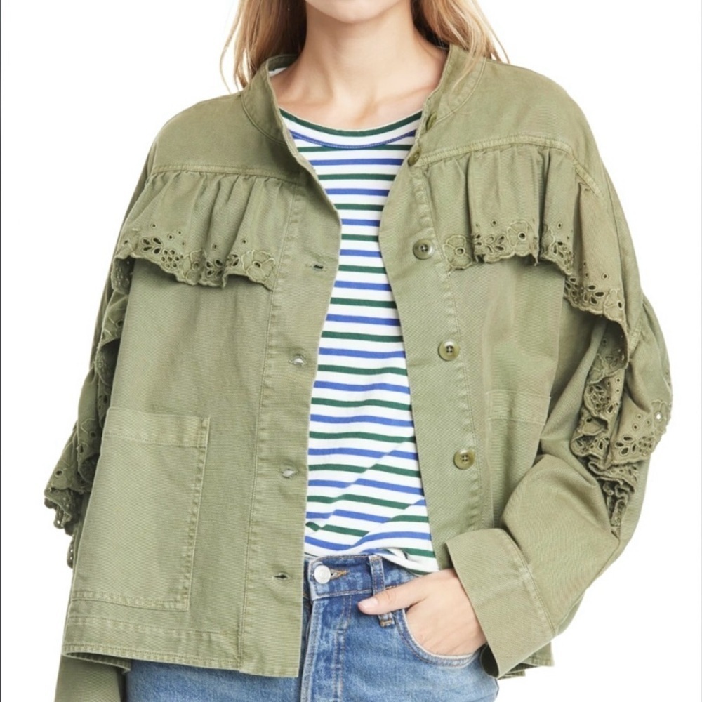 The Great eyelet army utility military jacket ruffle cropped olive green XS/0